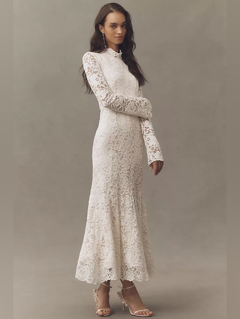 Anthropologie Cream Long-Sleeve Lace Maxi Dress